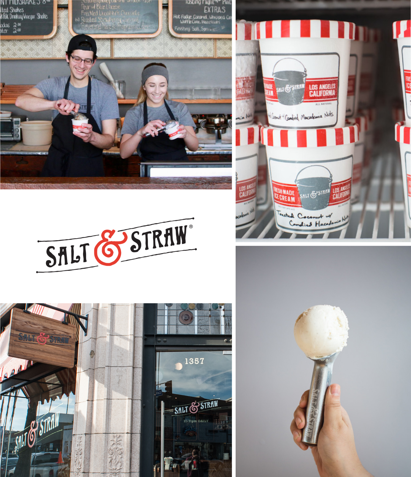 Salt and Straw Employees, Pints of Ice Cream, Hand Scooping Ice Cream, Signage of LA Shop